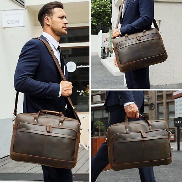 🆕Men Brown Fits 17.3 Inch Laptop Crossbody Shoulder Attached Leather Briefcase - Picture 9 of 12